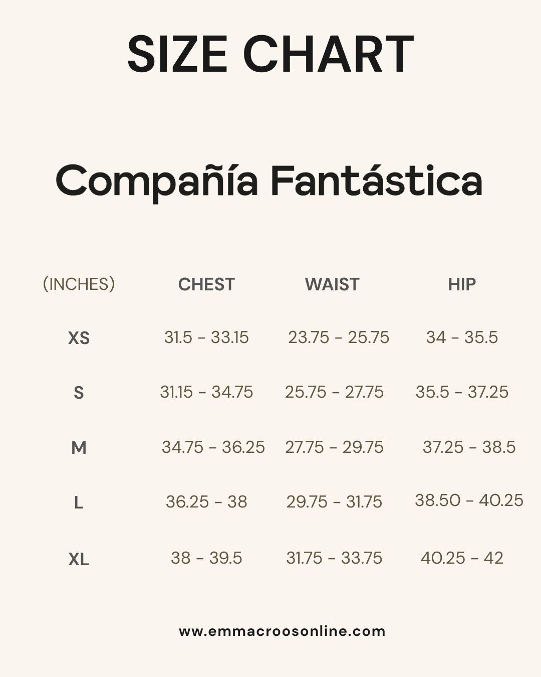 Compañía Fantástica Size Guide