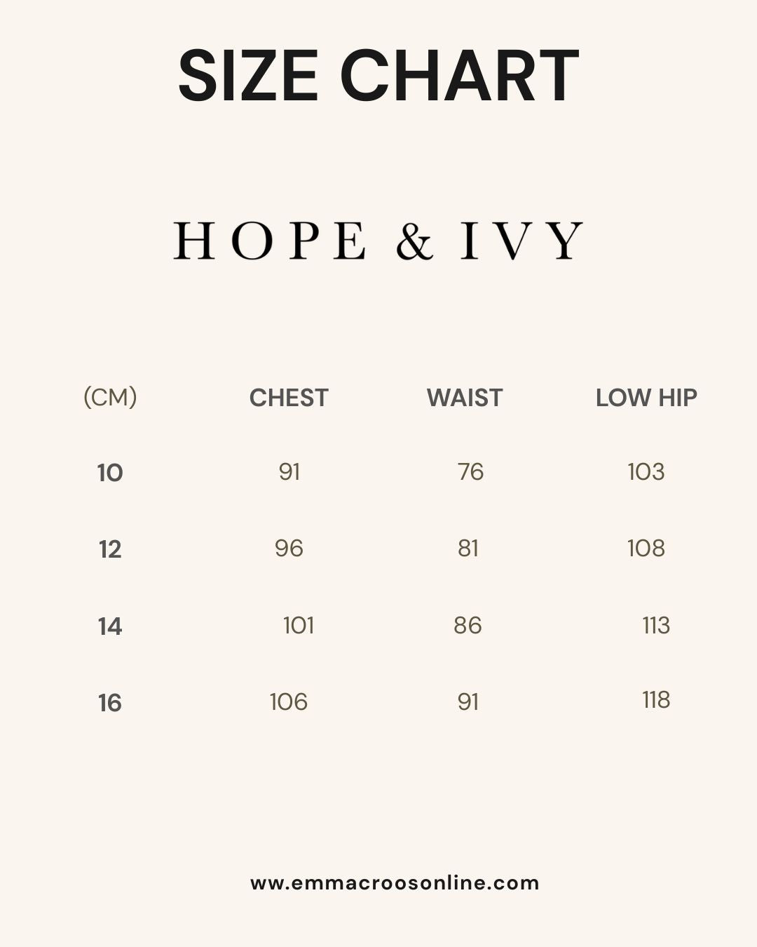 Hope & Ivy Size Guide
