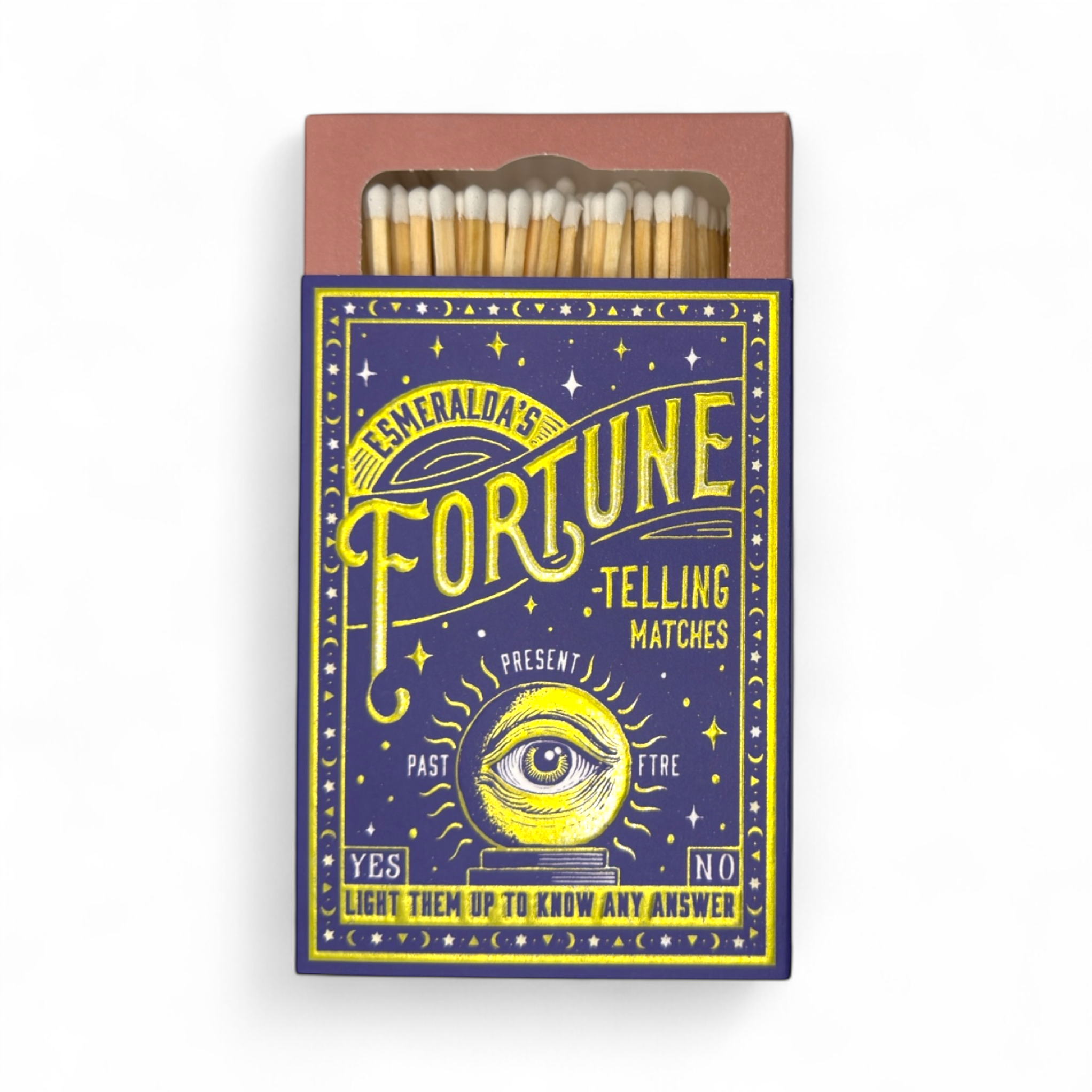 Matches in a box with 'Esmeralda's Fortune Telling Matches' design on a white background