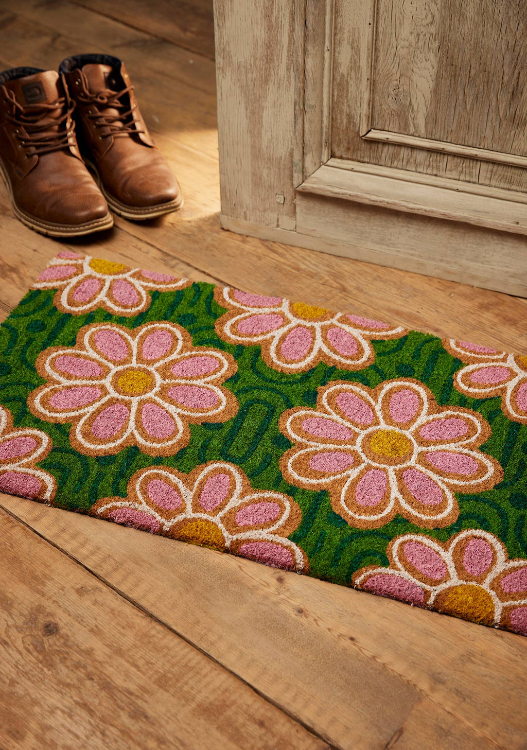 Pink Green Daisy Coir Doormat