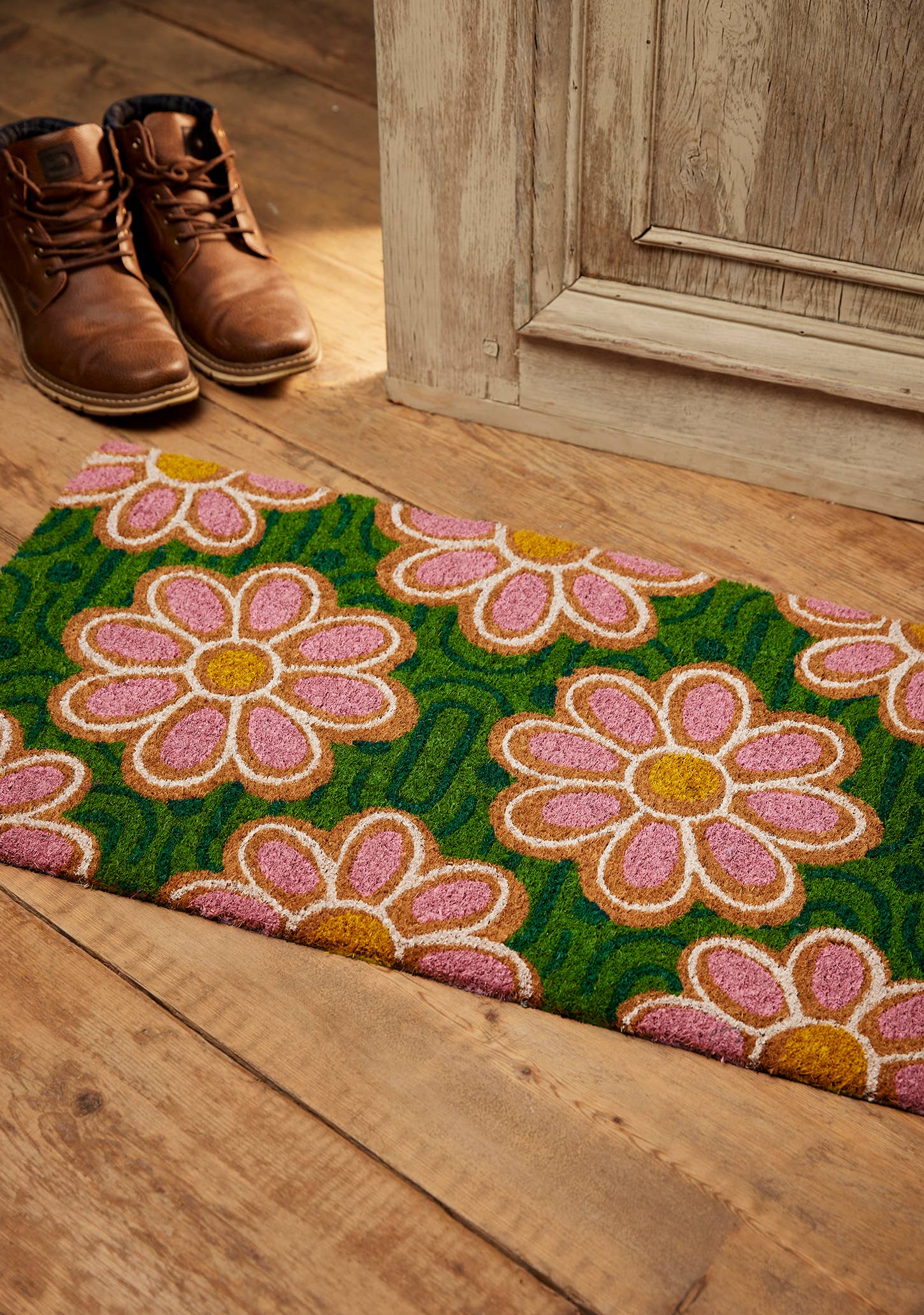 Pink Green Daisy Coir Doormat