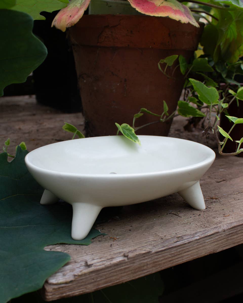 White soapstone soap dish with three legs on a wooden surface with plants in the background