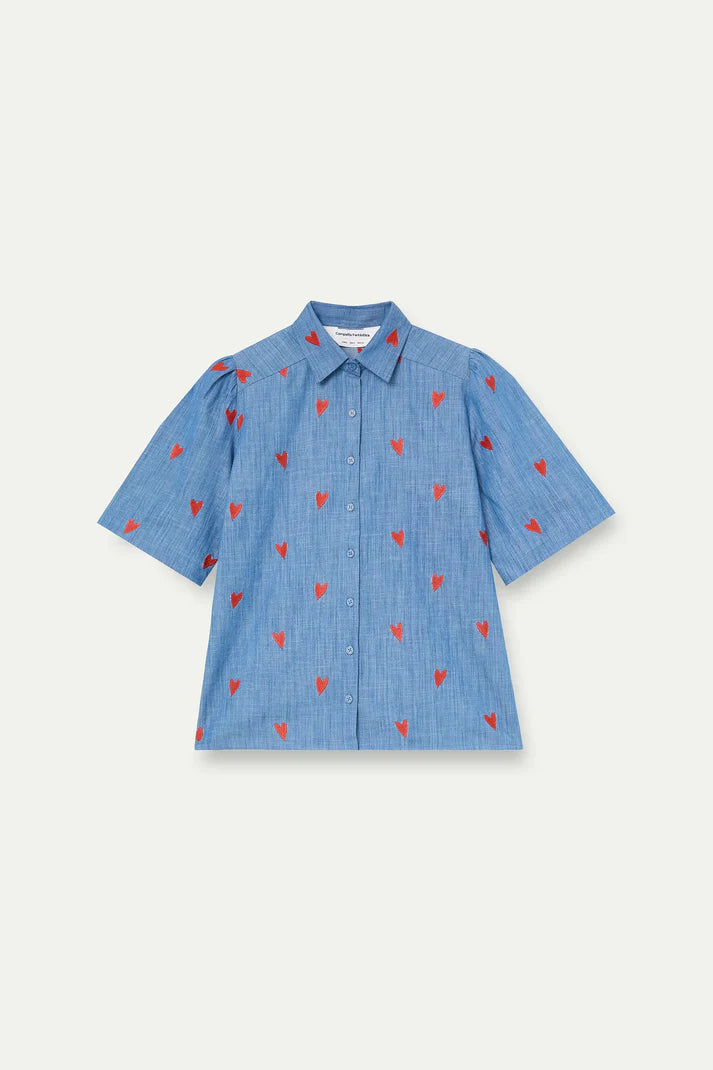 Chambray Shirt With Embroidered Hearts