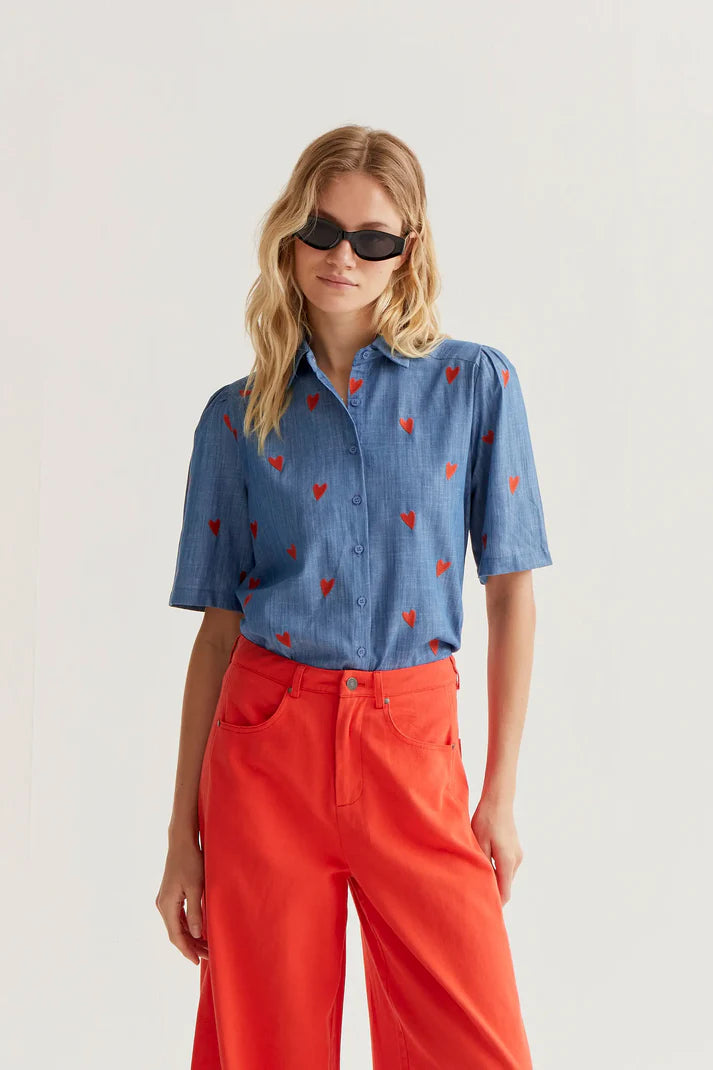 Chambray Shirt With Embroidered Hearts