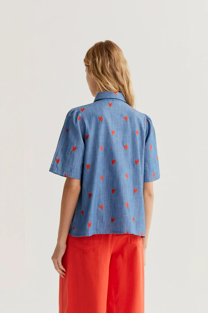 Chambray Shirt With Embroidered Hearts