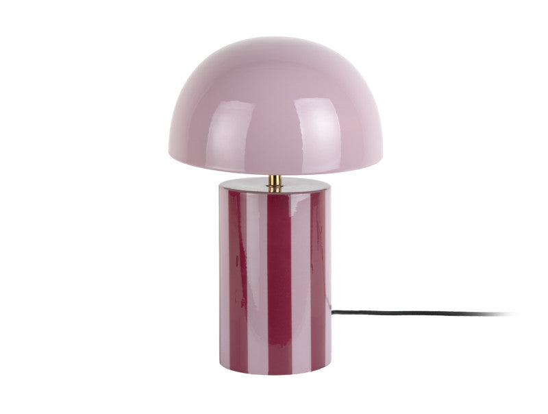 Pink table lamp with a cylindrical base and dome-shaped shade on a white background