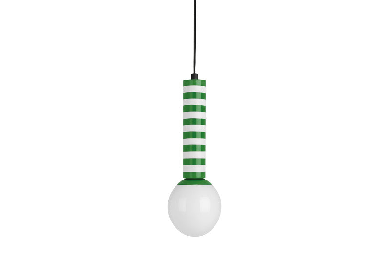 Light bulb with green striped design on a white background