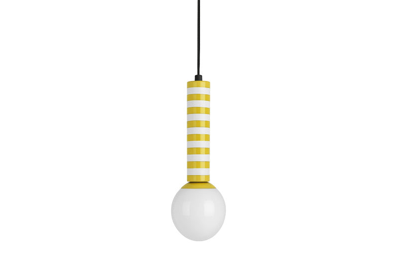 Pendant light with yellow striped design on a white background