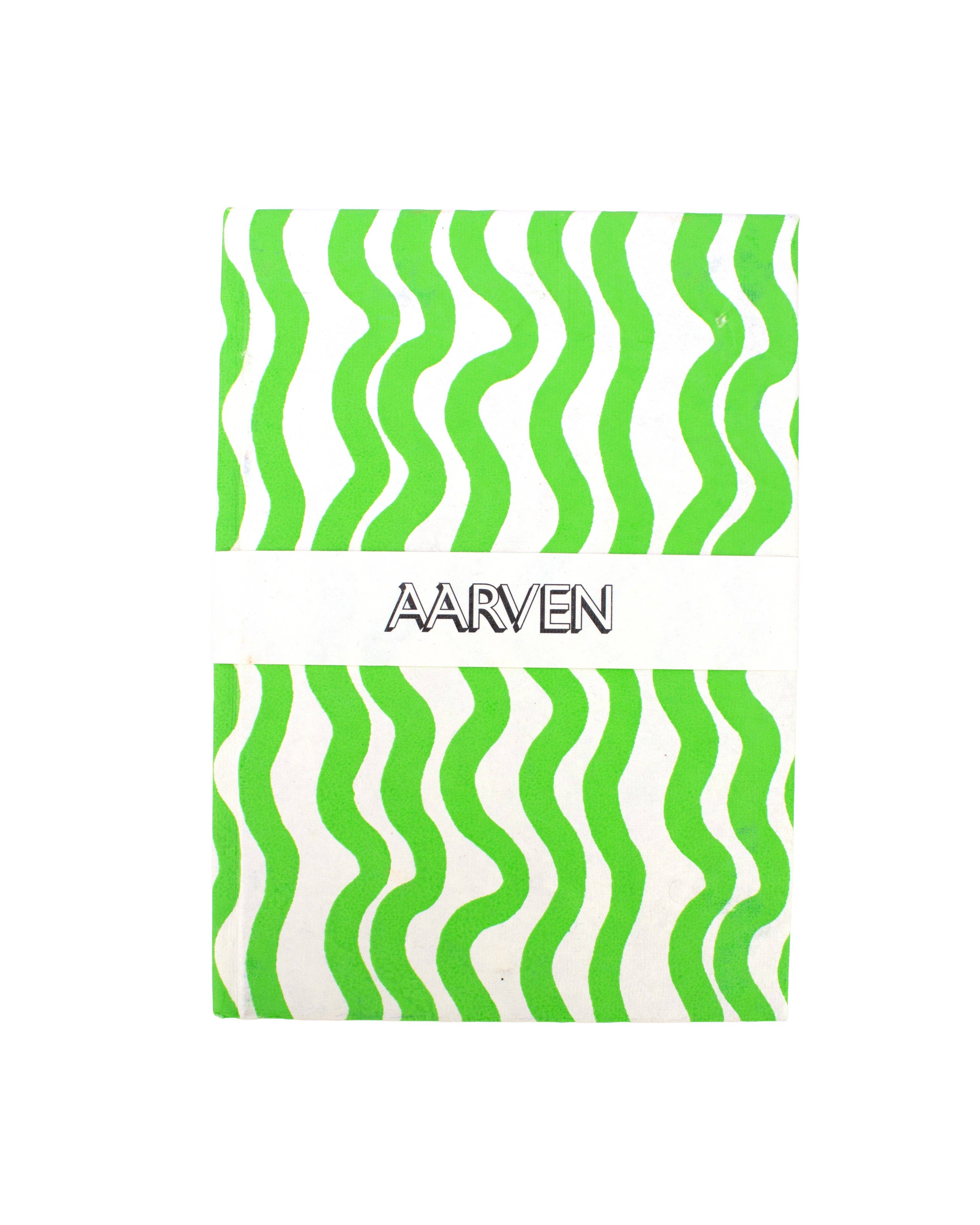 Notebook with green wavy pattern and 'Aarven' branding on a white background