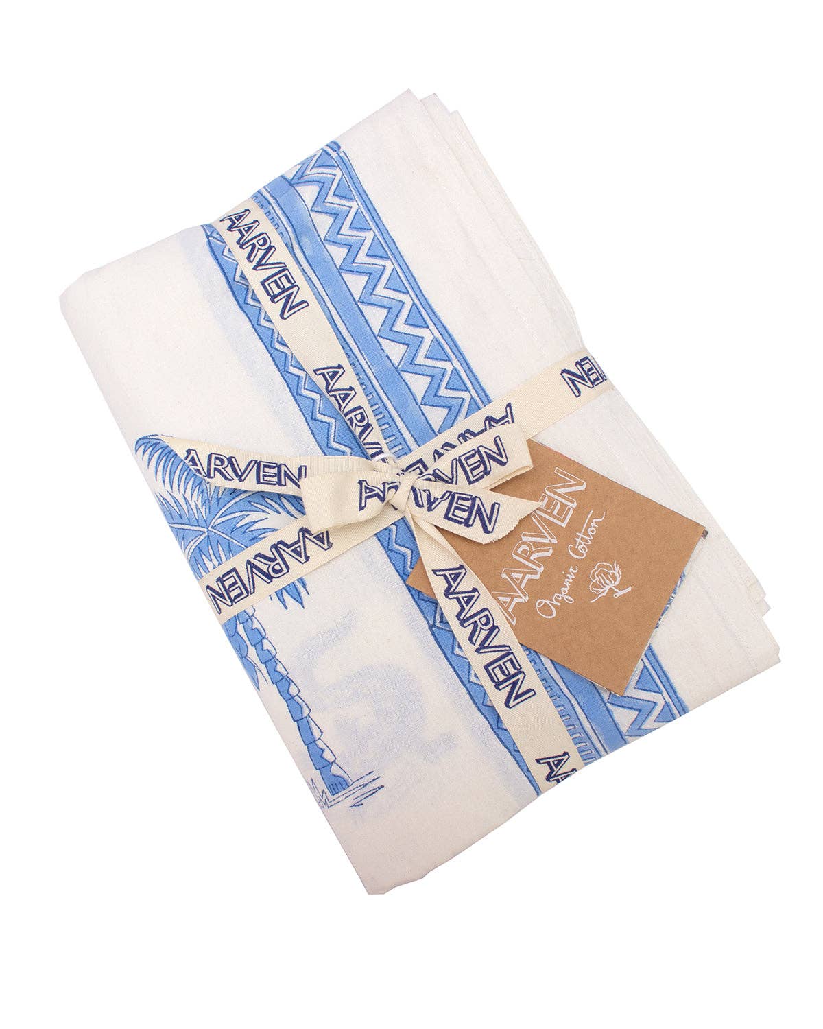 Folded white fabric with blue patterns and 'Aarven' branding on a white background
