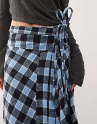 westwood tie side skirt blue checked on woman, close up of waist 