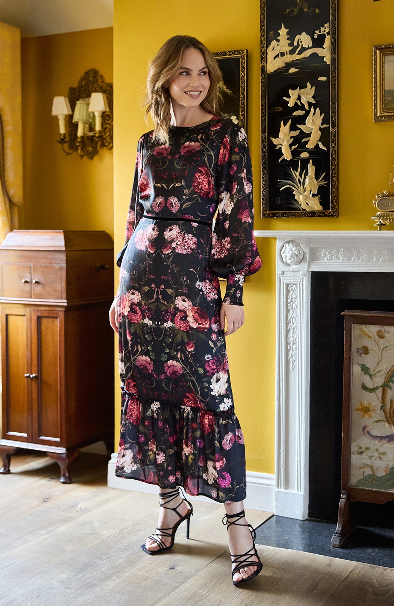 The Holly Blouson Sleeve High Neck Maxi Dress with Bow Back 