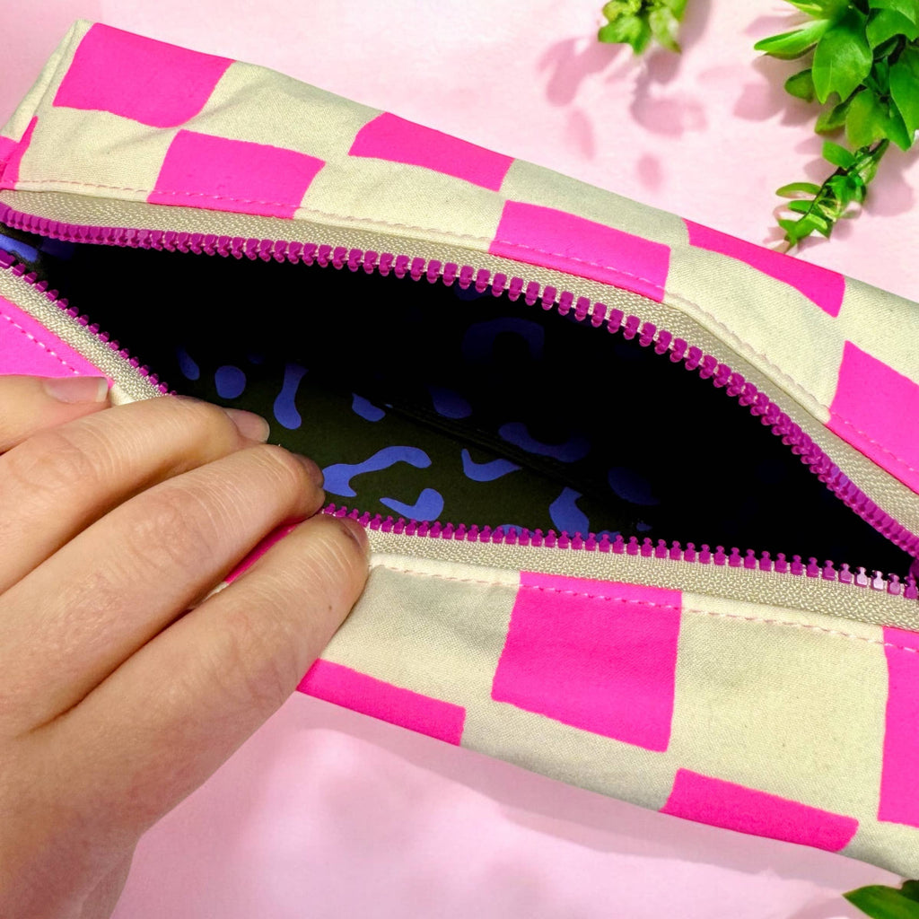 Handprinted Boxy pouch Pink and Teal Waves, Cosmetic bag