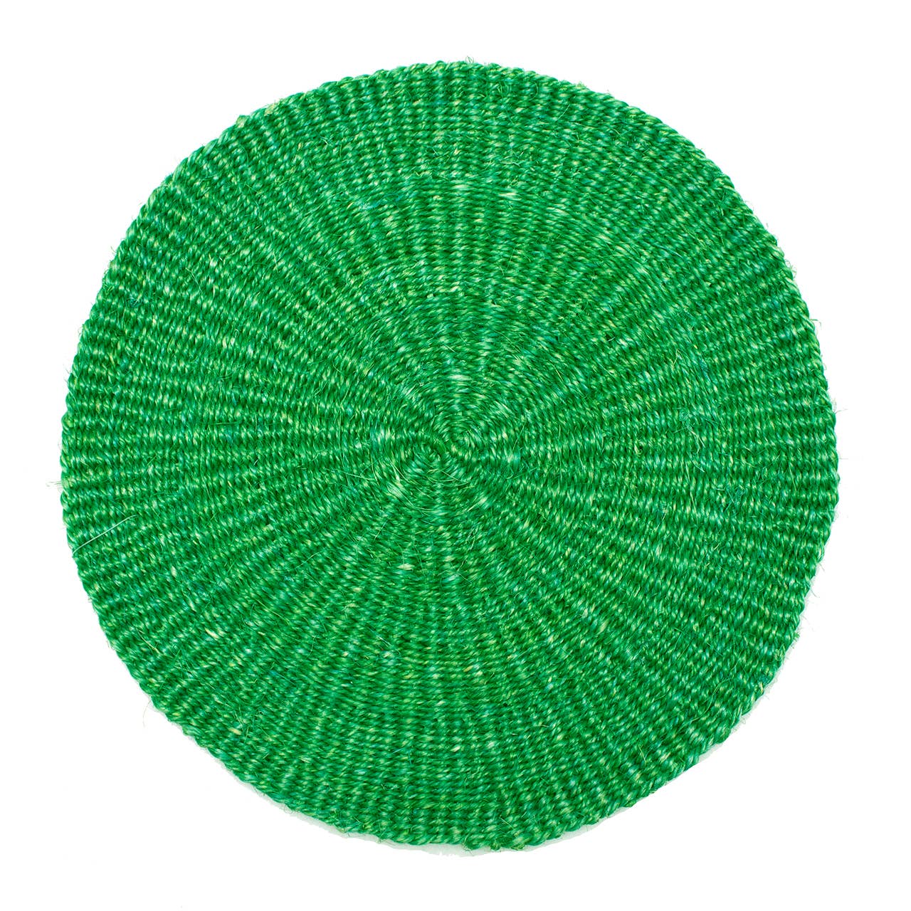 Green woven round placemat on a white background
