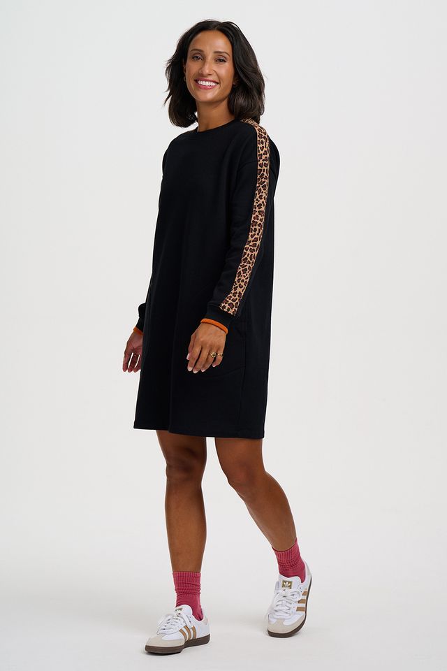 Sugarhill Brighton Black, Leopard Trim Martha Sweatshirt Dress