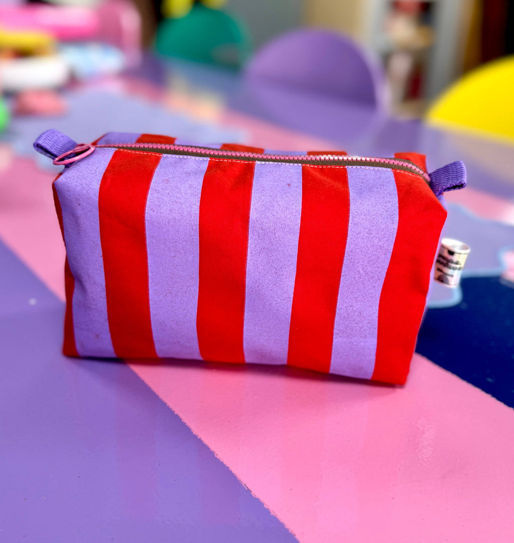 Handprinted Boxy pouch Lilac and Red Stripes, Wash bag 