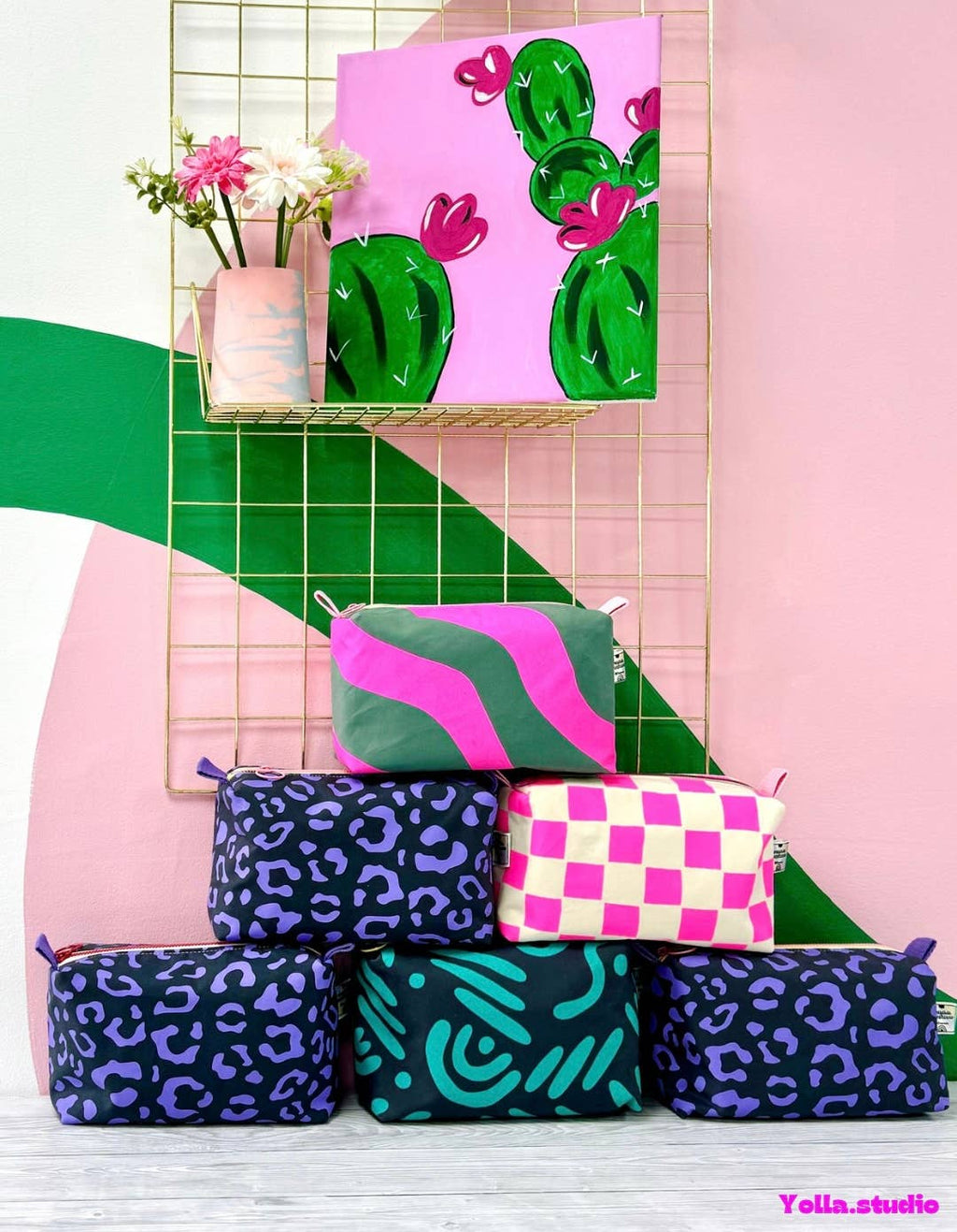Waterproof Boxy pouch Pink and Dark Grey Leopard