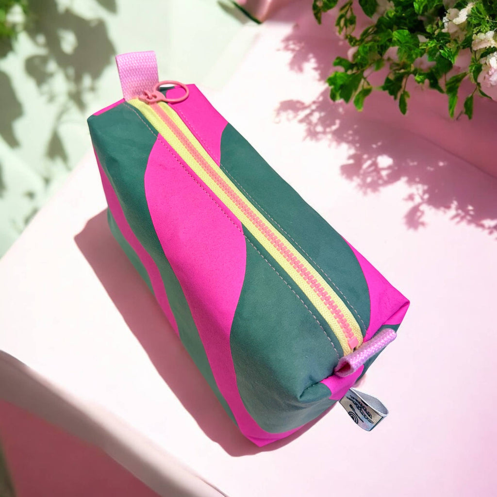 Handprinted Boxy pouch Pink and Teal Waves, Cosmetic bag