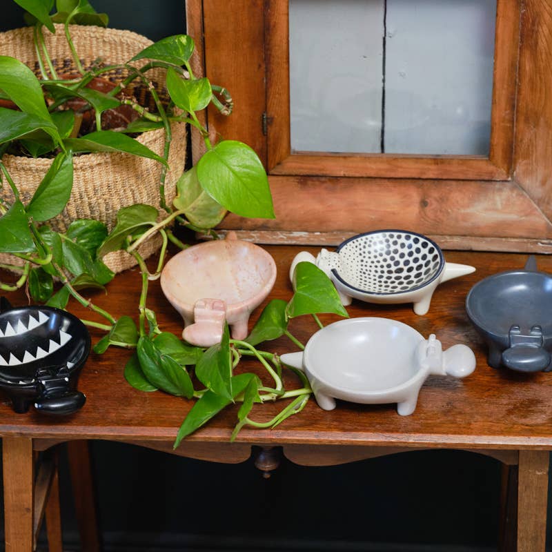 Decorative bowls on a wooden surface with a plant and window in the background