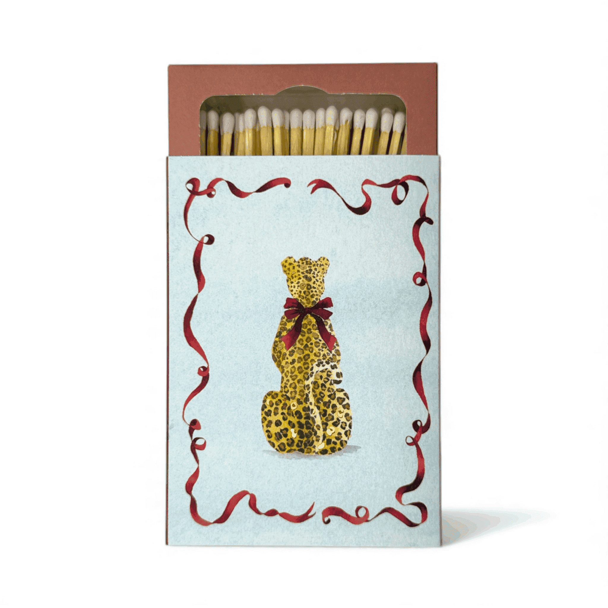 Matches with a leopard design on the packaging against a white background