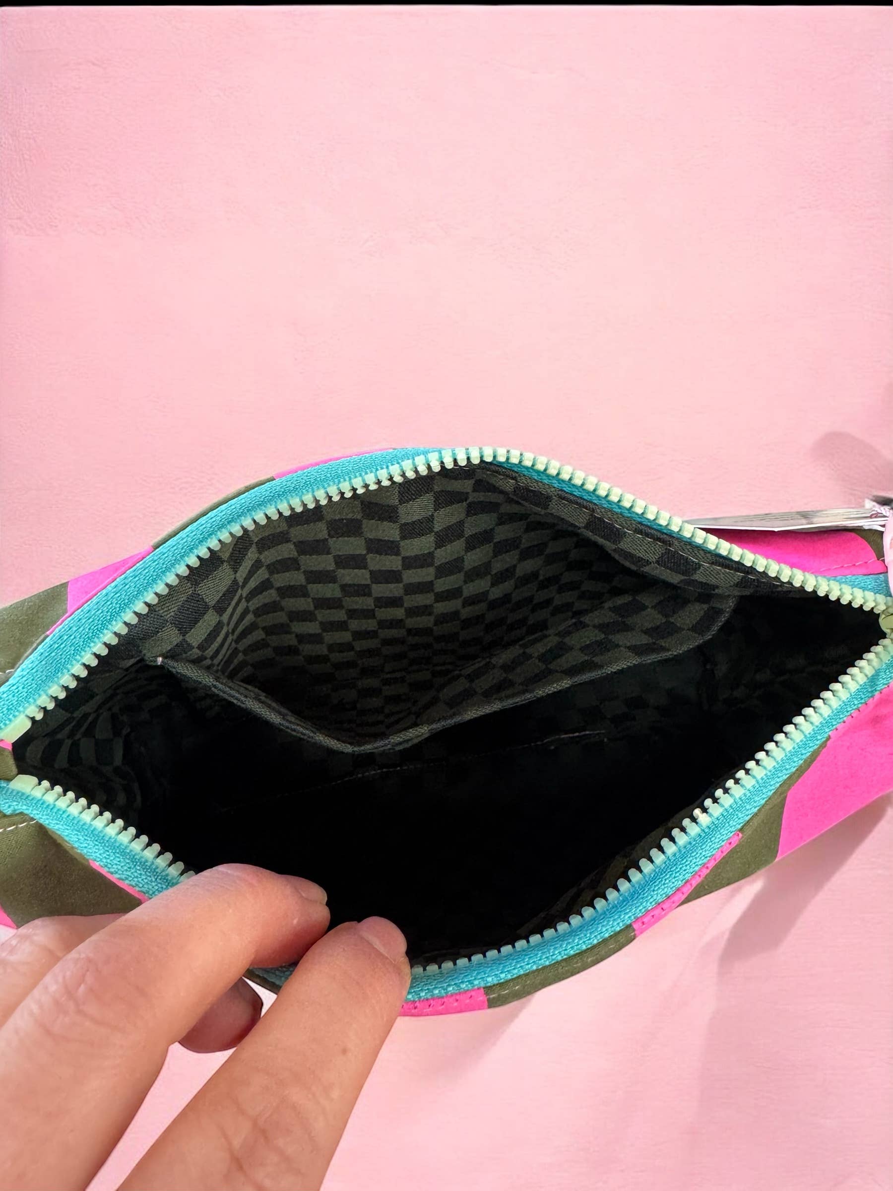 Green and Pink stripes waxed canvas crossbody boxy bag