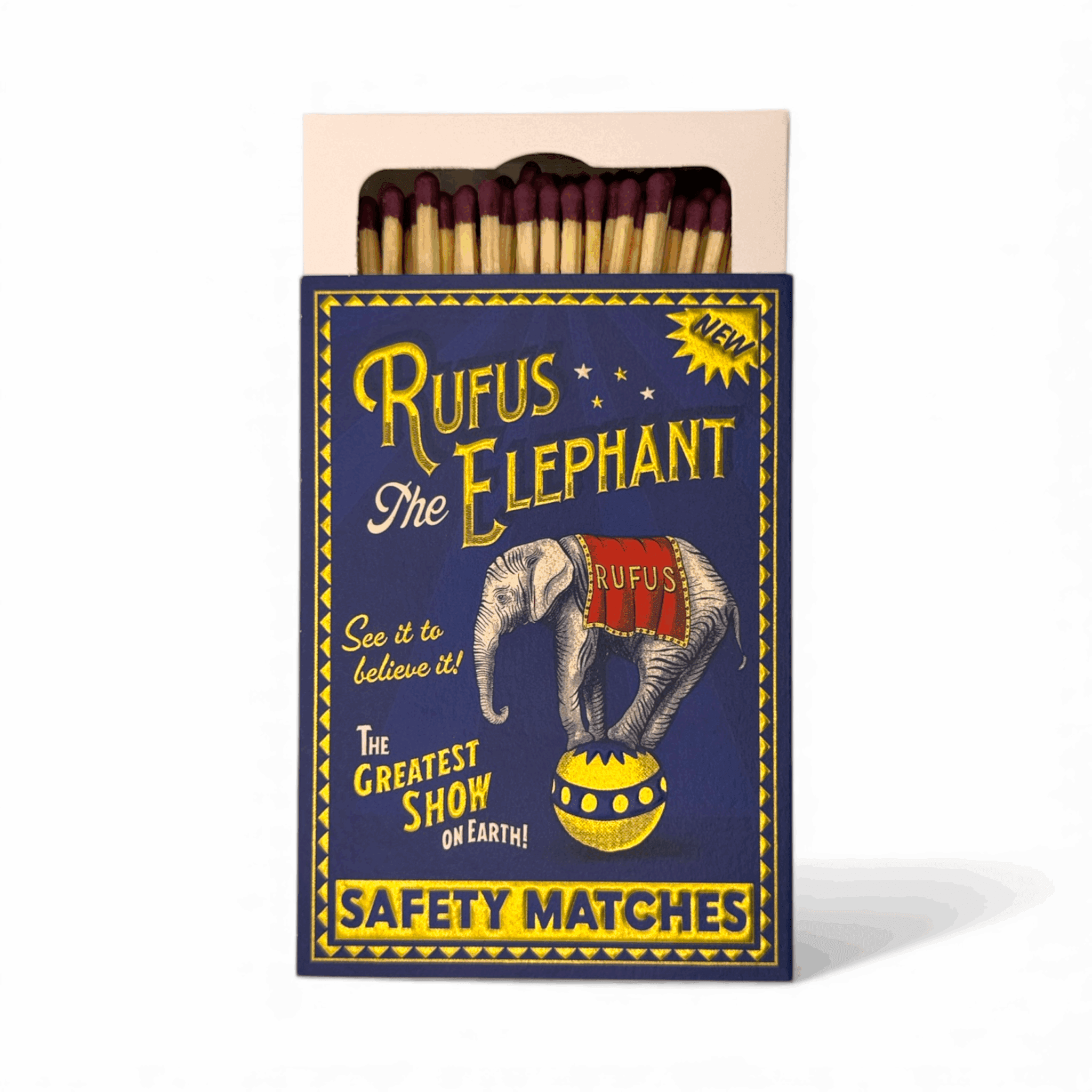 Matches with a vintage-style packaging featuring an elephant and text on a white background
