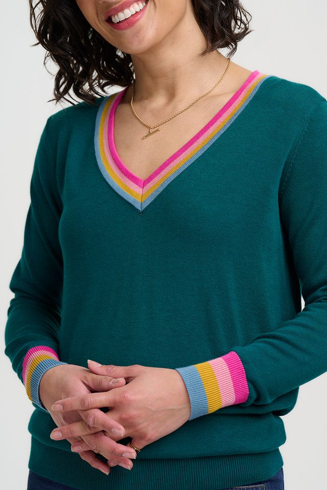 Sugarhill Brighton, Teal Rainbow Stripe Doris V-Neck Jumper