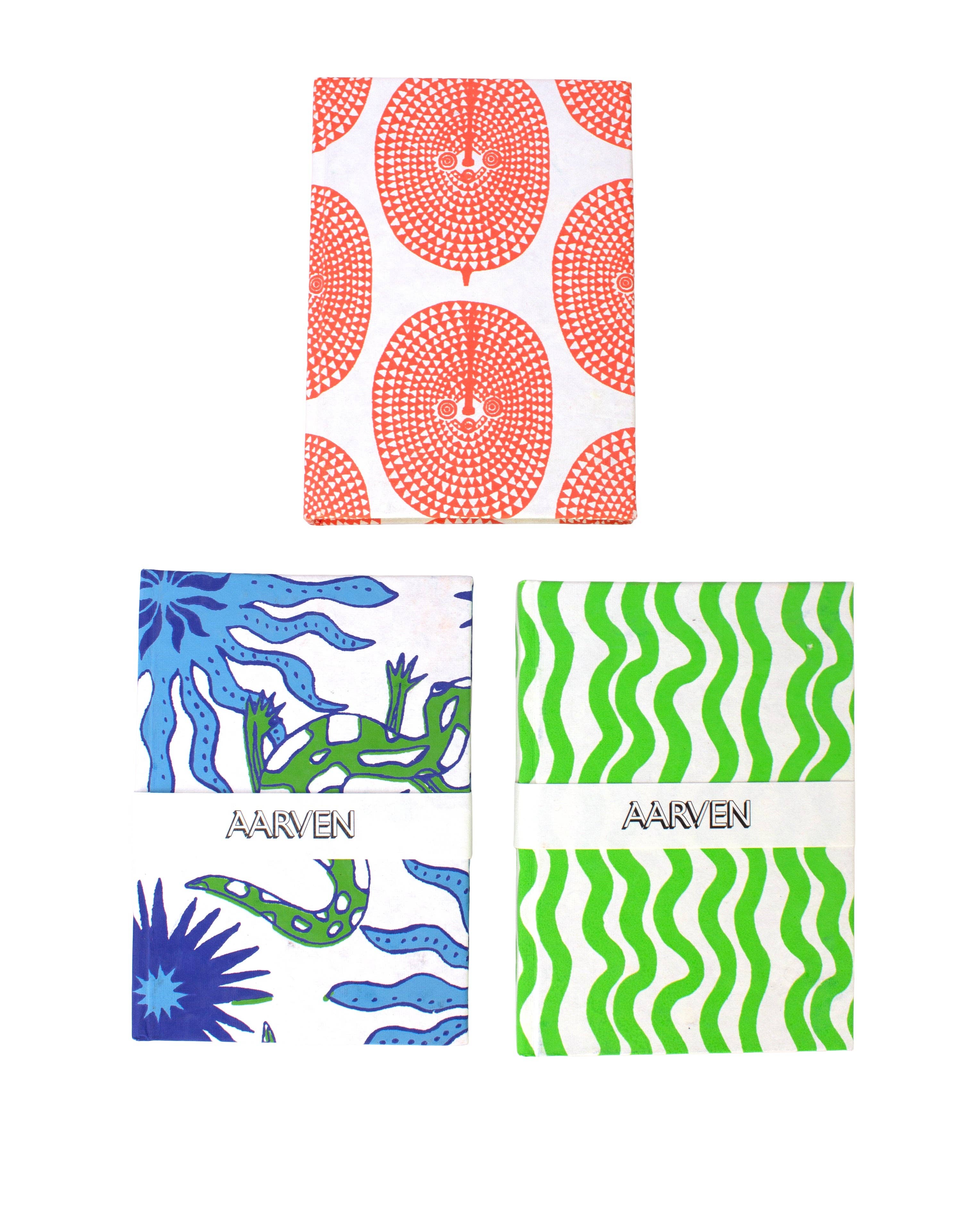 Four colorful patterned notebooks with 'Aarven' branding on a white background