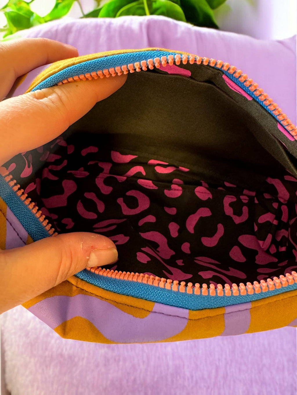 Handprinted cosmetic bag Pink and Green Waves