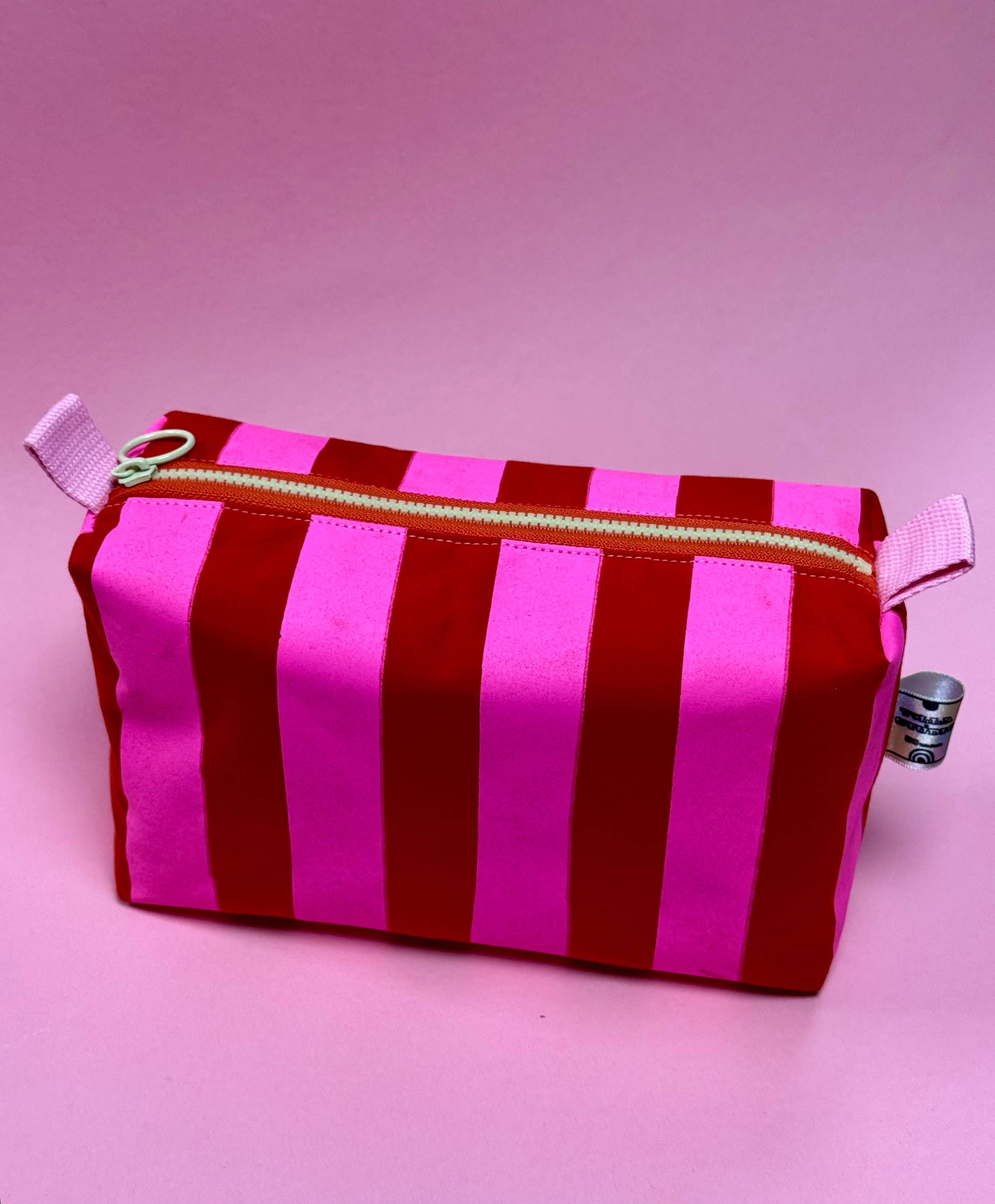 Handprinted Boxy pouch Pink and Red Stripes 