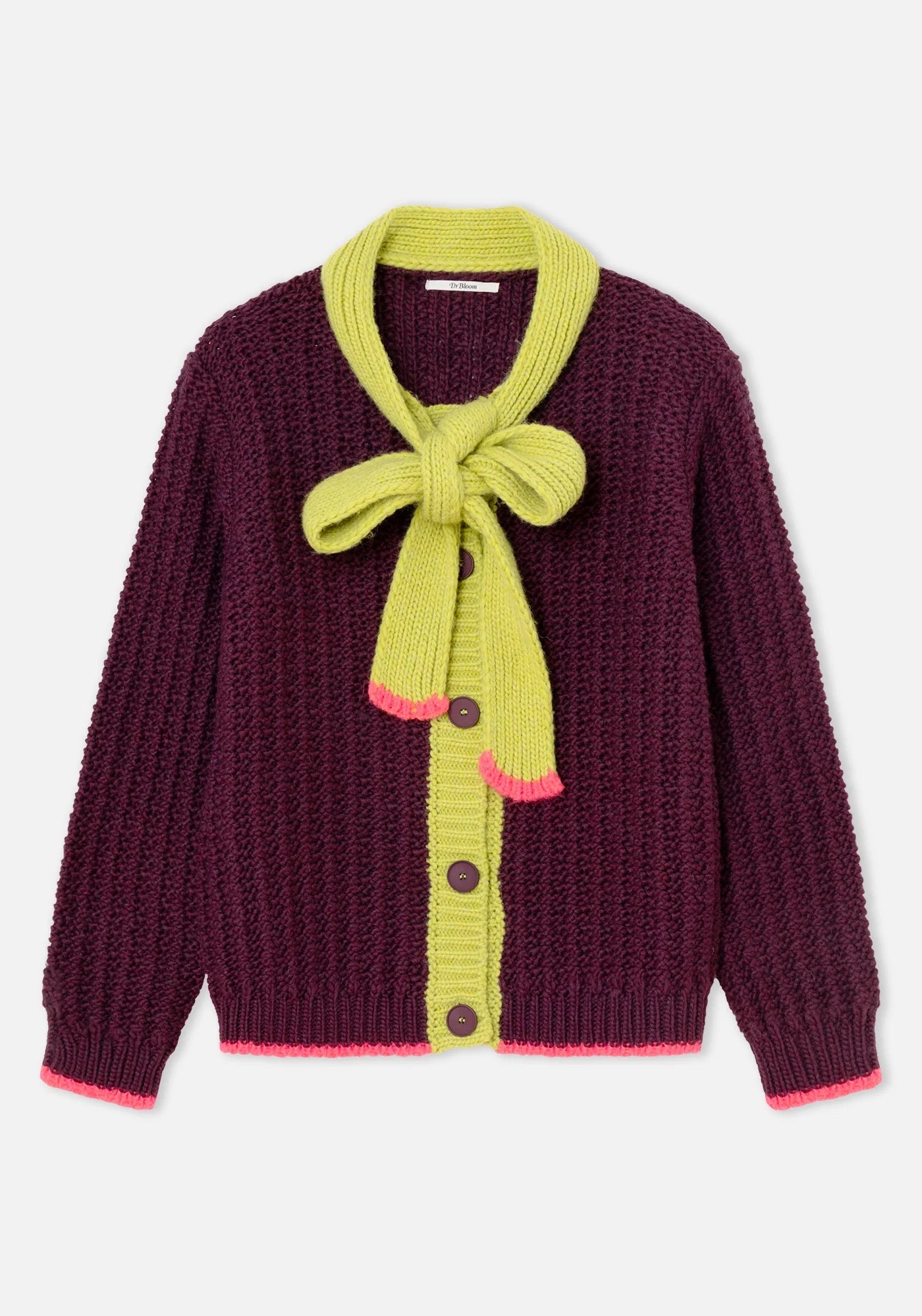 Dr Bloom Aubergine Cardigan with contrast green & pink