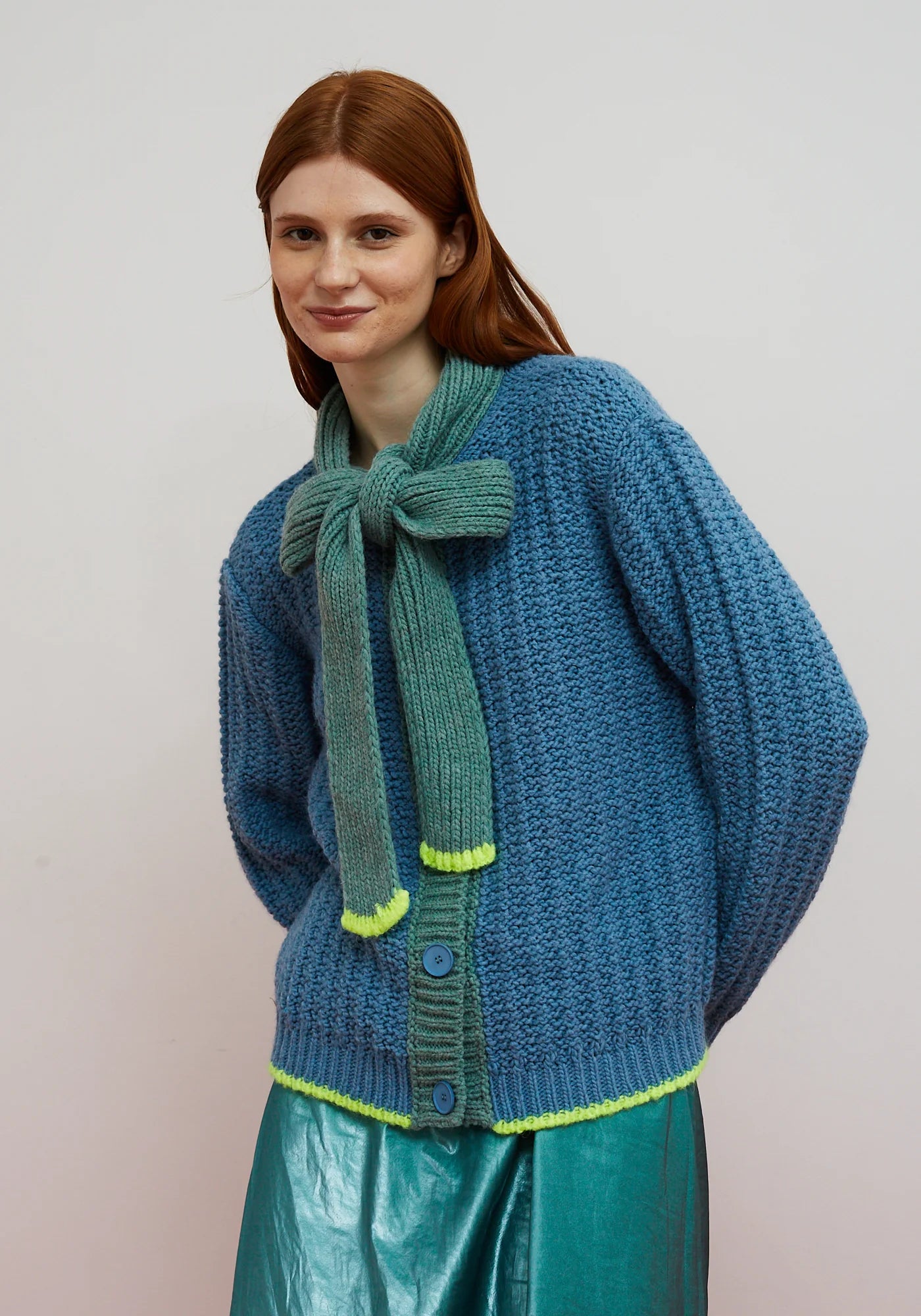 Dr Bloom Cardigan with  blue contrast green  & yellow trim