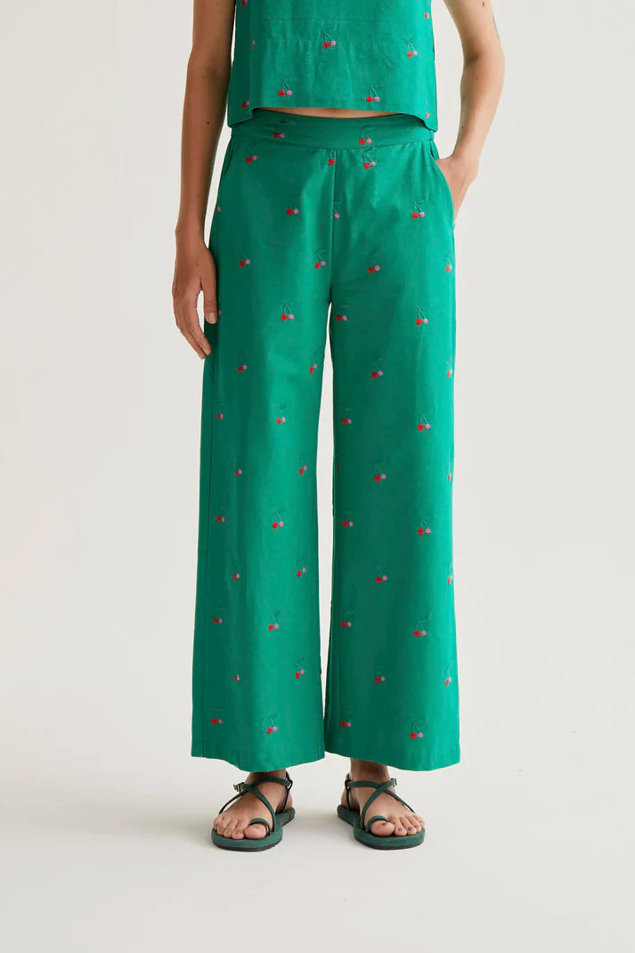 Green Cherry Embroidered Trousers