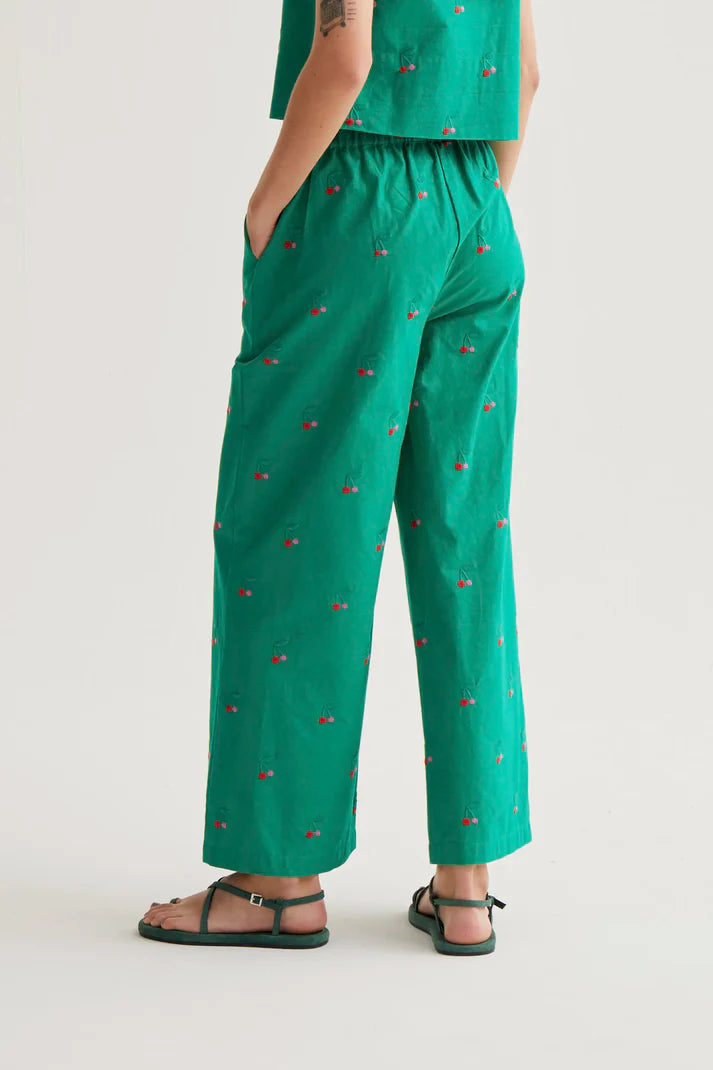Green Cherry Embroidered Trousers