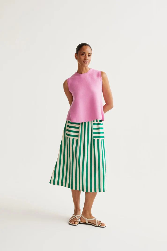 Bamboo Green Striped Midi Skirt