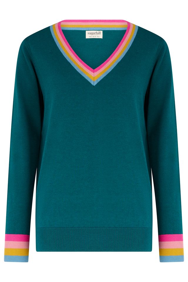 Sugarhill Brighton, Teal Rainbow Stripe Doris V-Neck Jumper