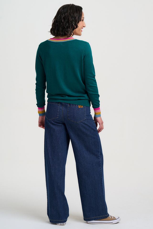 Sugarhill Brighton, Teal Rainbow Stripe Doris V-Neck Jumper
