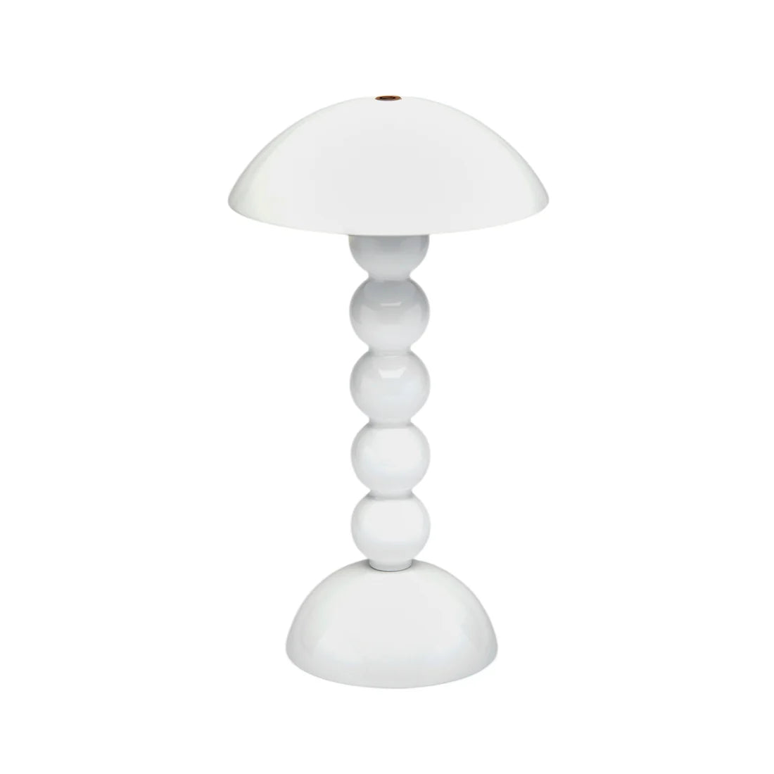 White table lamp with a cylindrical base and round shade on a white background