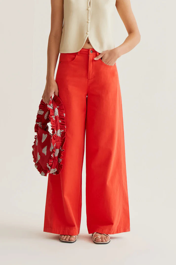 Cotton Red Wide Leg Trousers