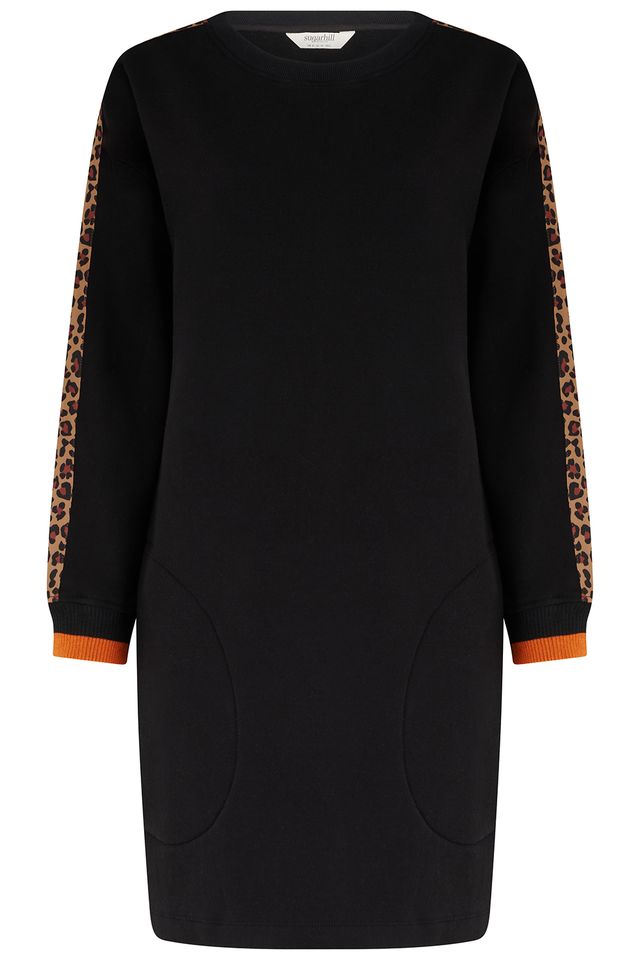 Sugarhill Brighton Black, Leopard Trim Martha Sweatshirt Dress