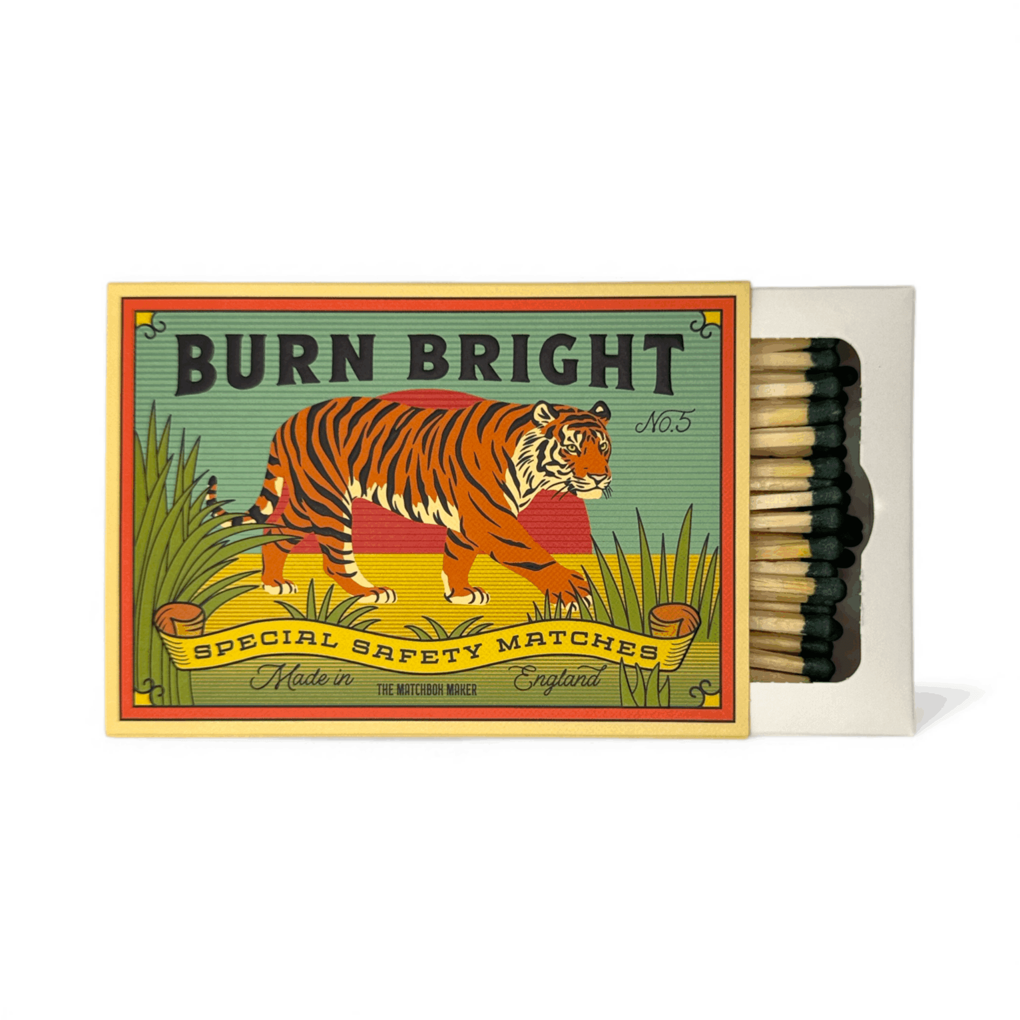 Matchbox with tiger illustration and 'Burn Bright' text on a white background