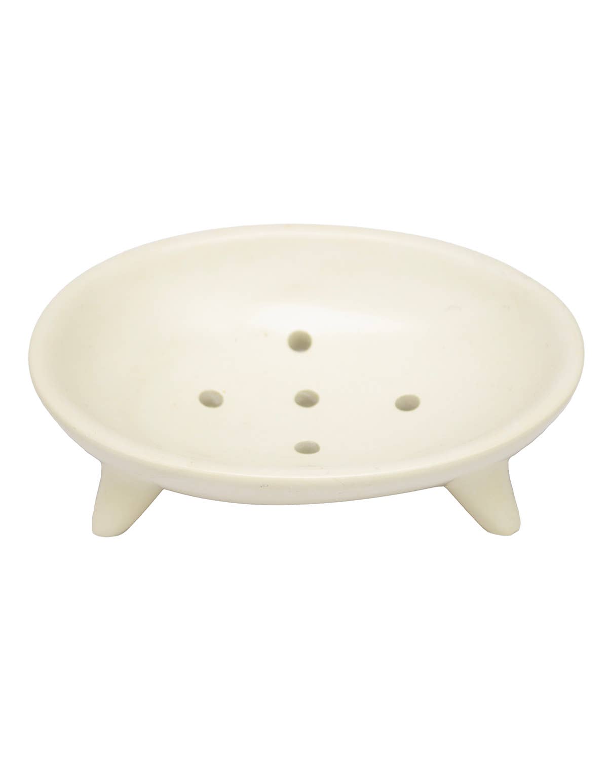 White soapstone soap dish with three small legs on a white background