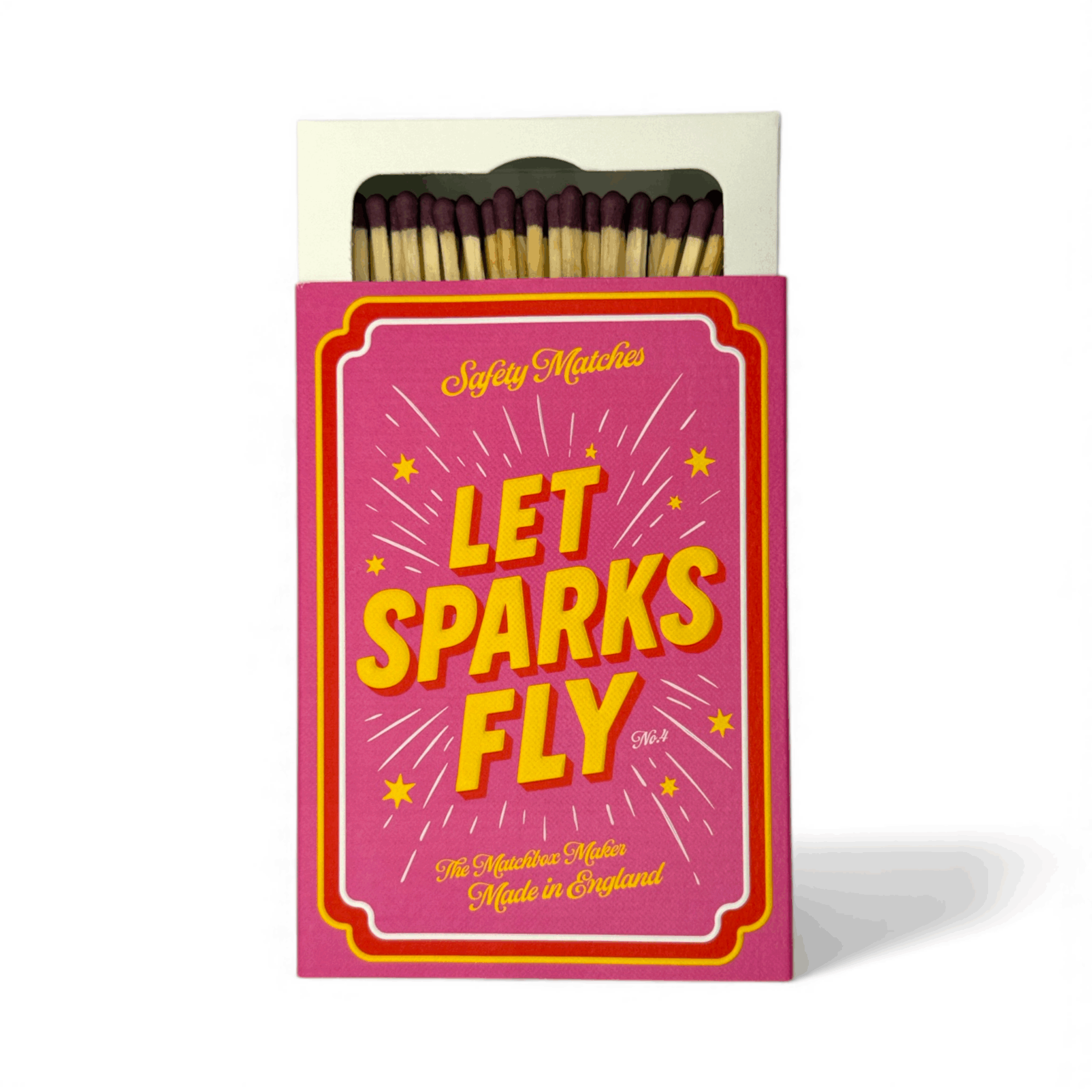 Matchbox with 'Let Sparks Fly' text on a white background