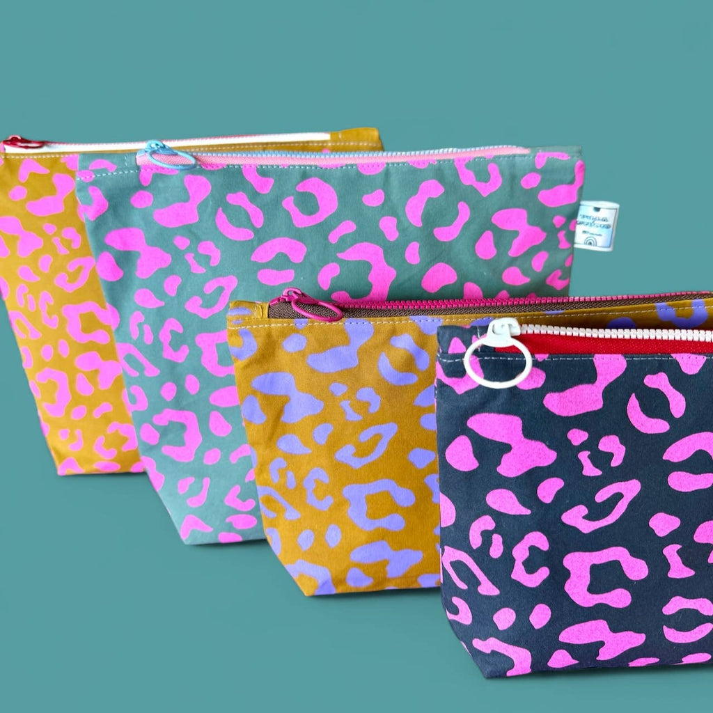 Handprinted cosmetic bag Pink and Green Waves