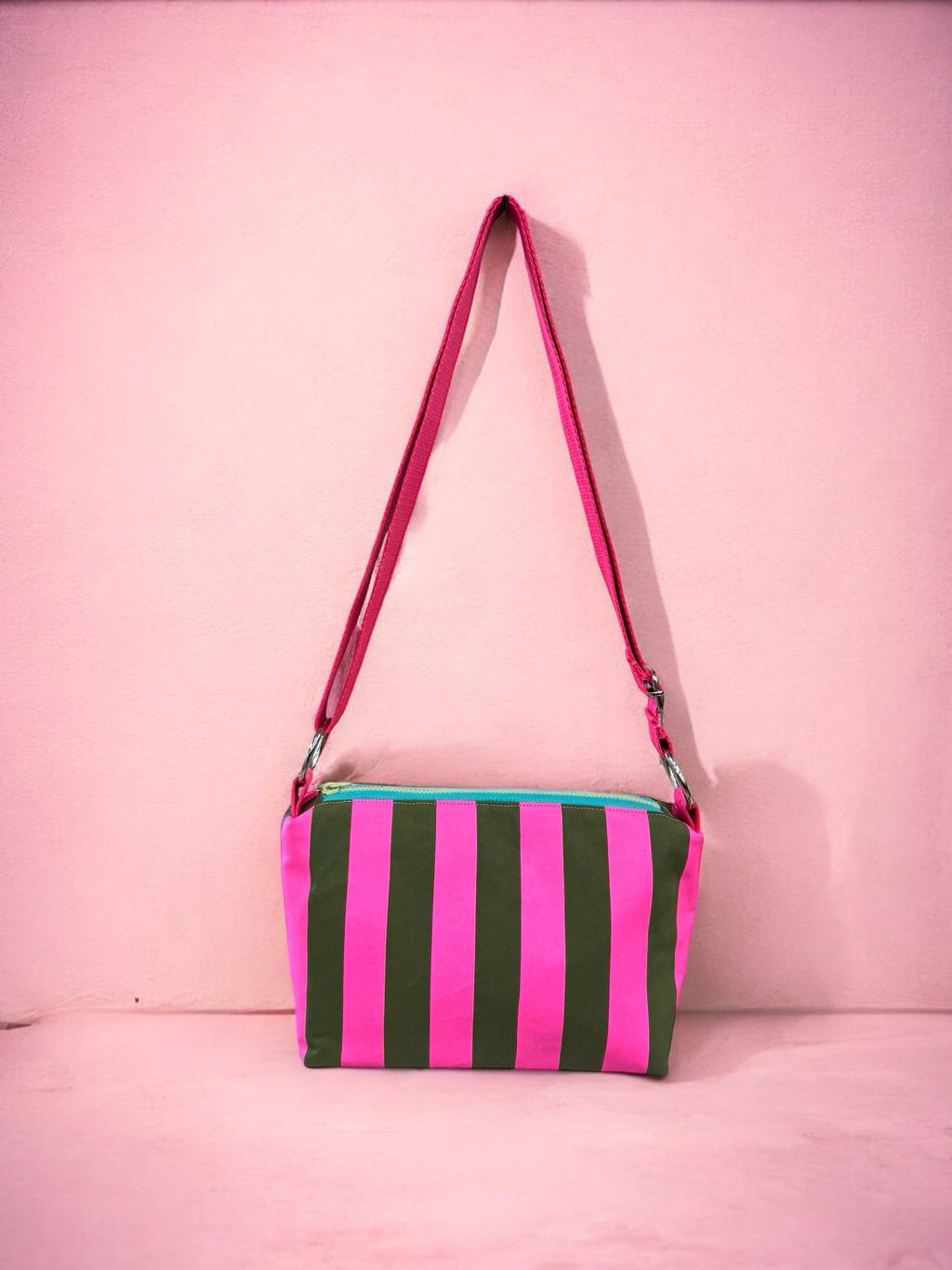 Green and Pink stripes waxed canvas crossbody boxy bag