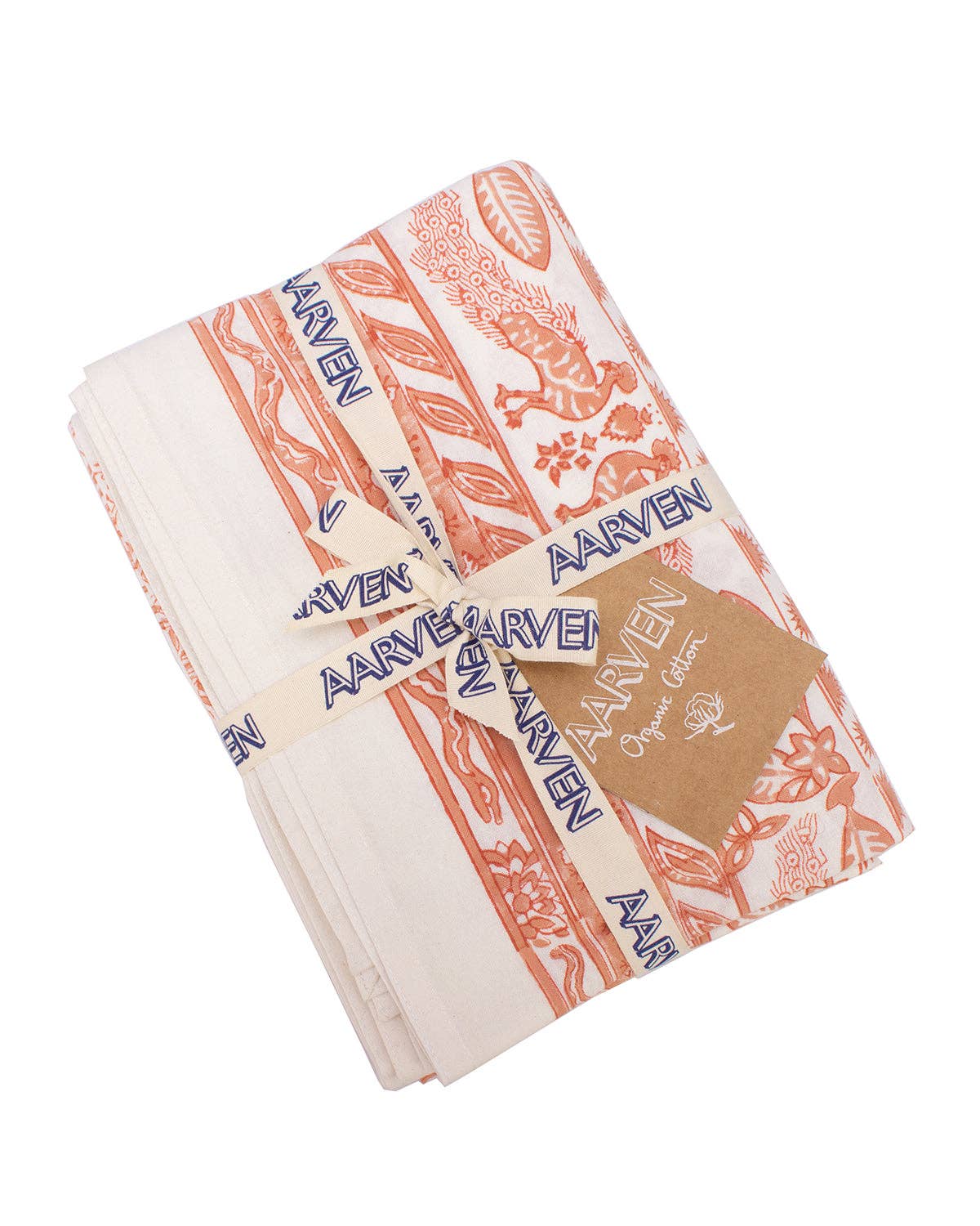Folded Aarven fabric with branding on a white background