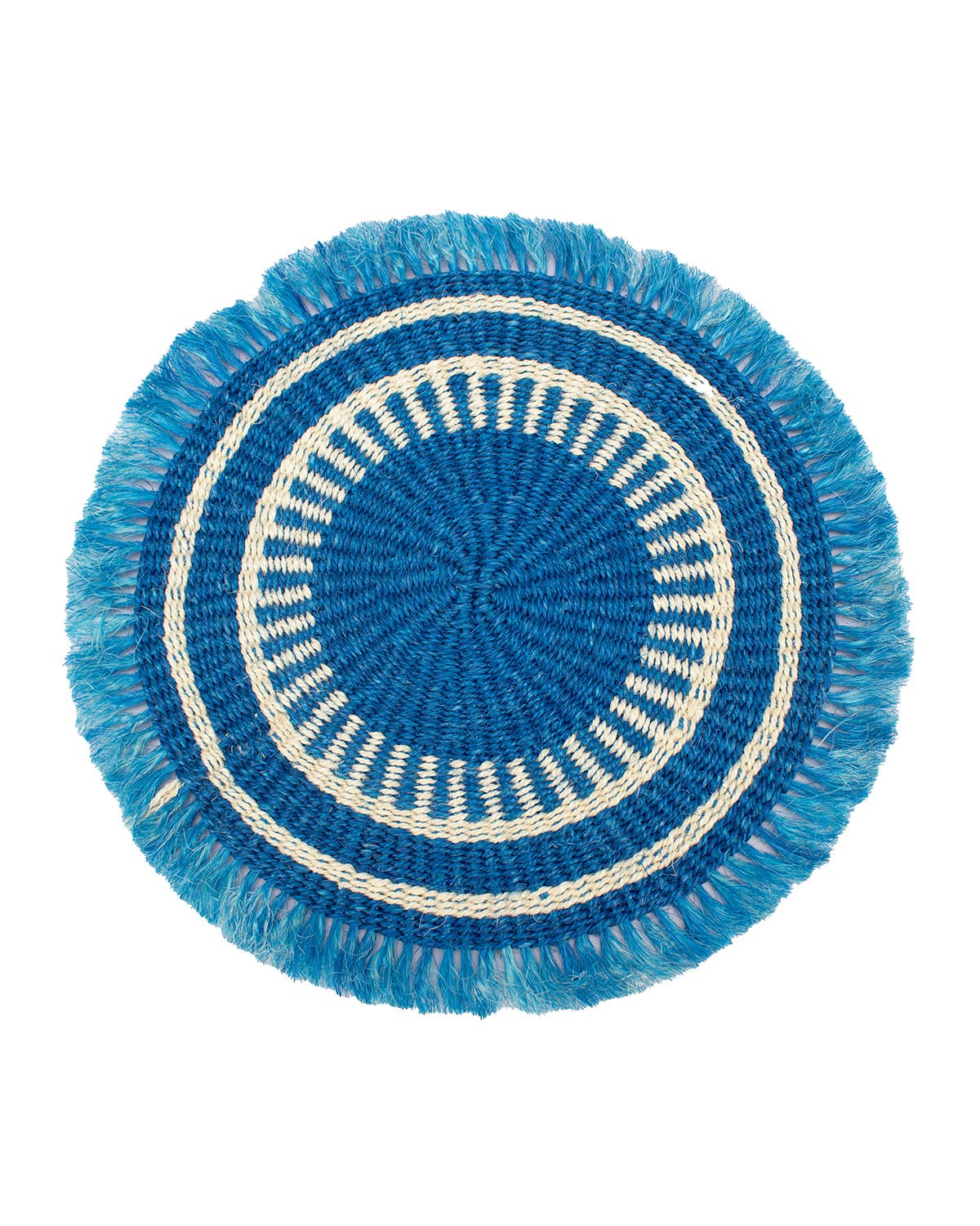 Blue woven coaster with white circular pattern on a white background