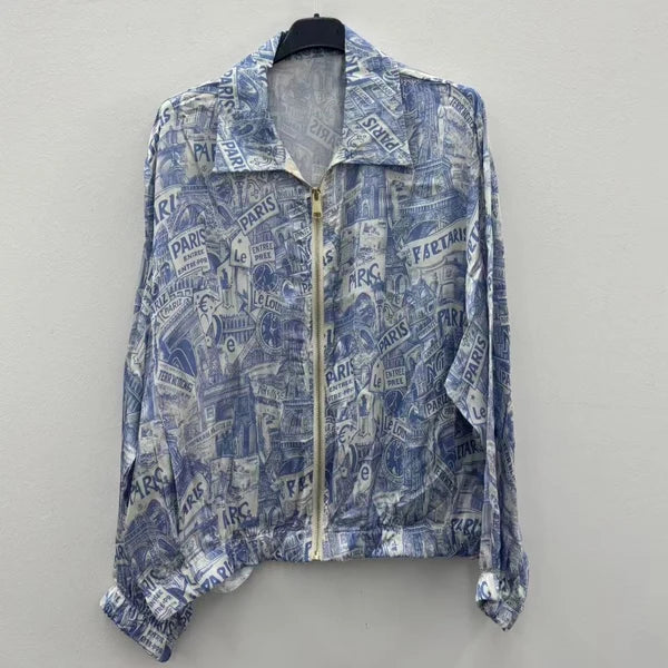 Paris city print viscose blend bomber jacket