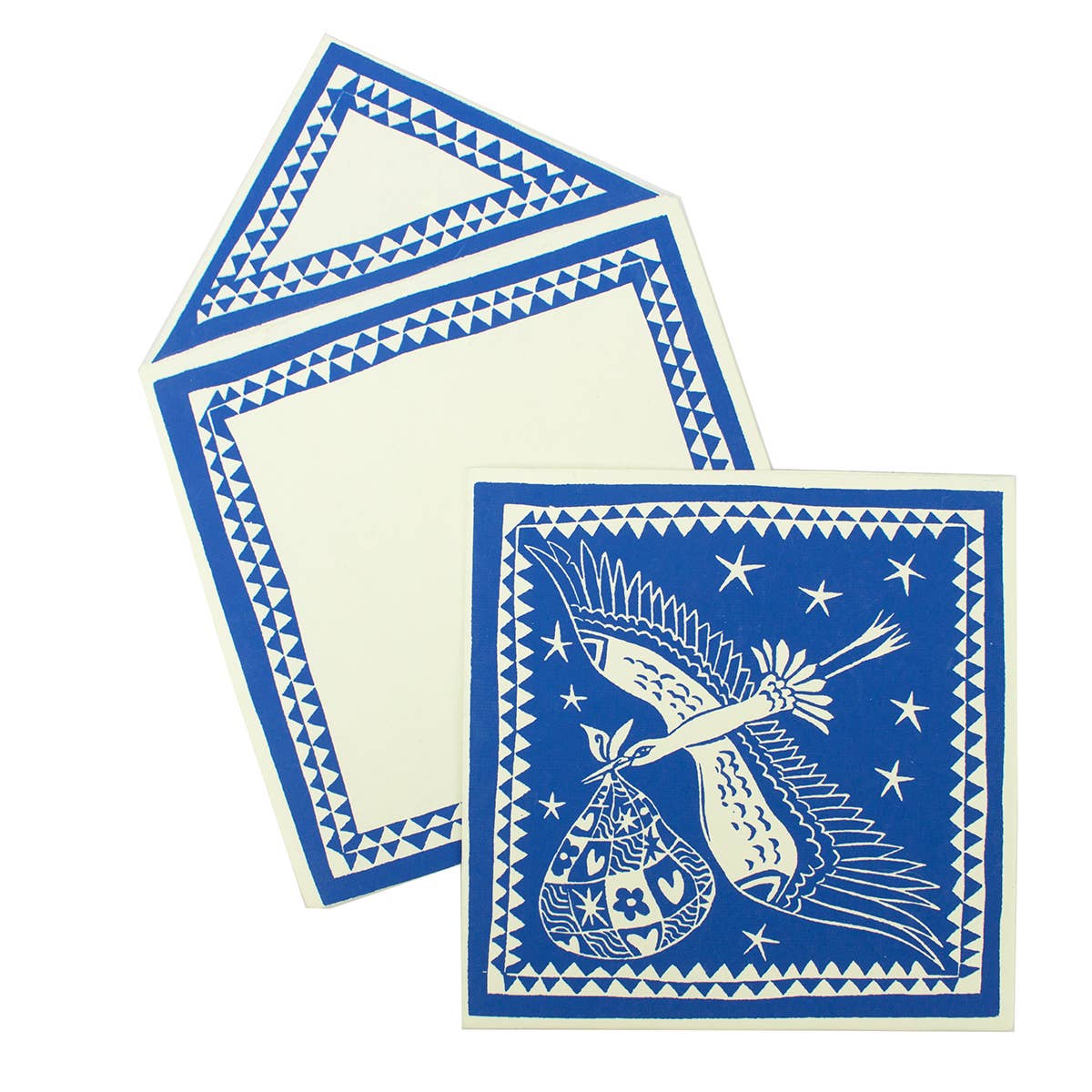 Blue and white card with a design of an angel and stars on a white background