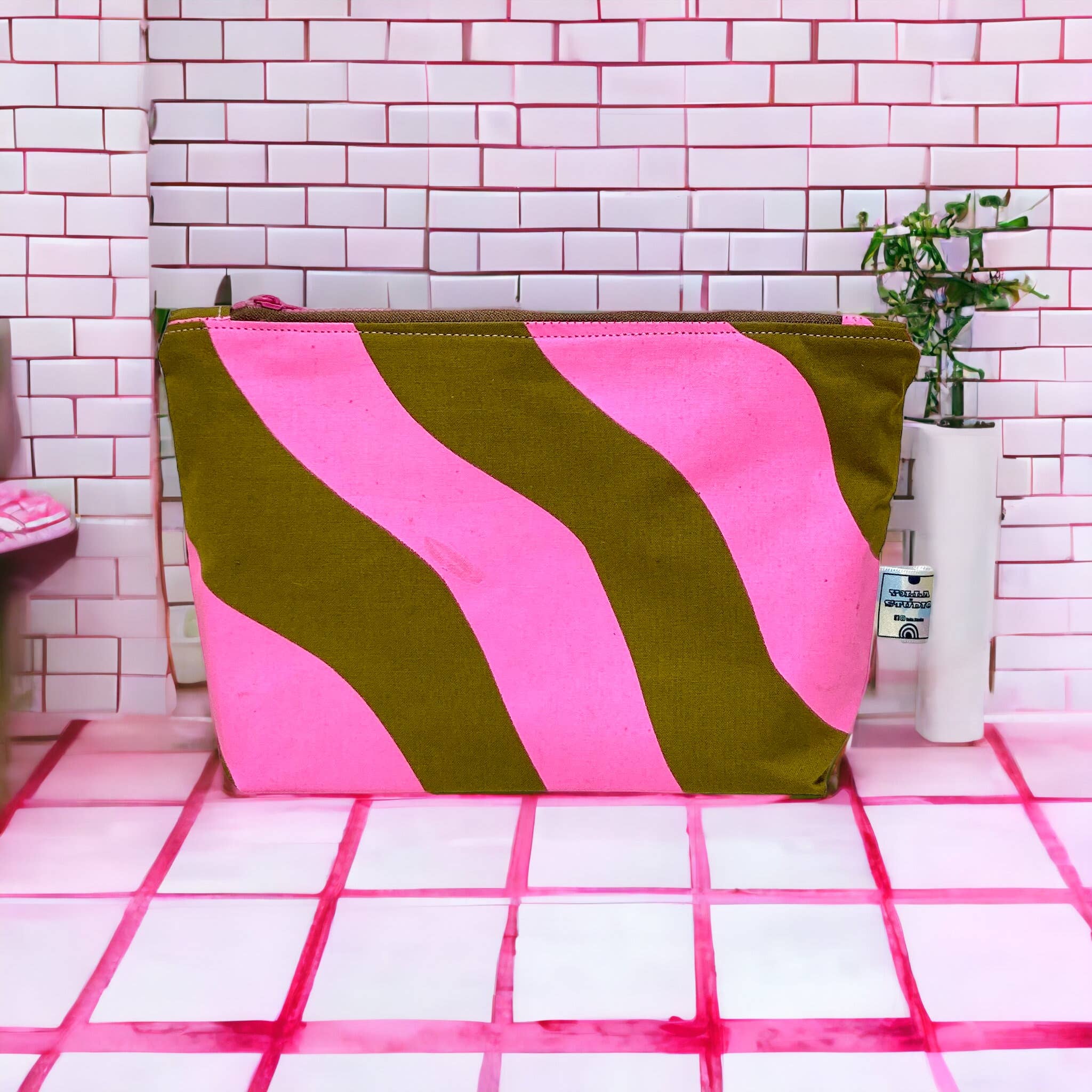 Handprinted cosmetic bag Pink and Green Waves